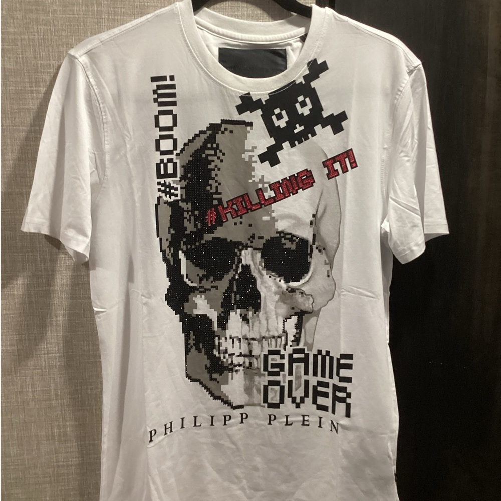 Philipp Plein White Graphic Skull 'Game Over' T-Shirt with Black and Red Accents